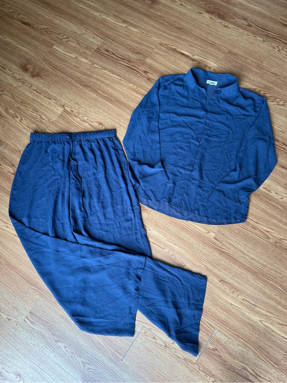 Open Edit Navy Sheer Lightweight Button-up Pajama Set Women’s M
